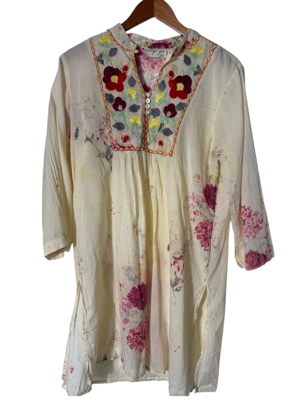 Vintage Goa Embroidered Floral Tunic Dress Boho Cottagecore Taupe Large